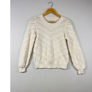 Coastal Grandma Loft Sweater Women XS Cream Pointelle Bobble Cable Knit Cotton